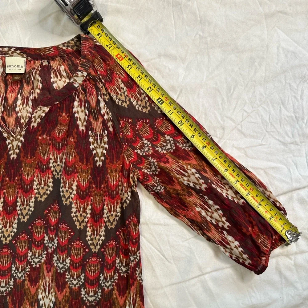 Sonoma Life + Style Boho Ikat Print Cotton Tunic Dress Red Brown 3/4 Sleeve Sz S - Picture 9 of 12